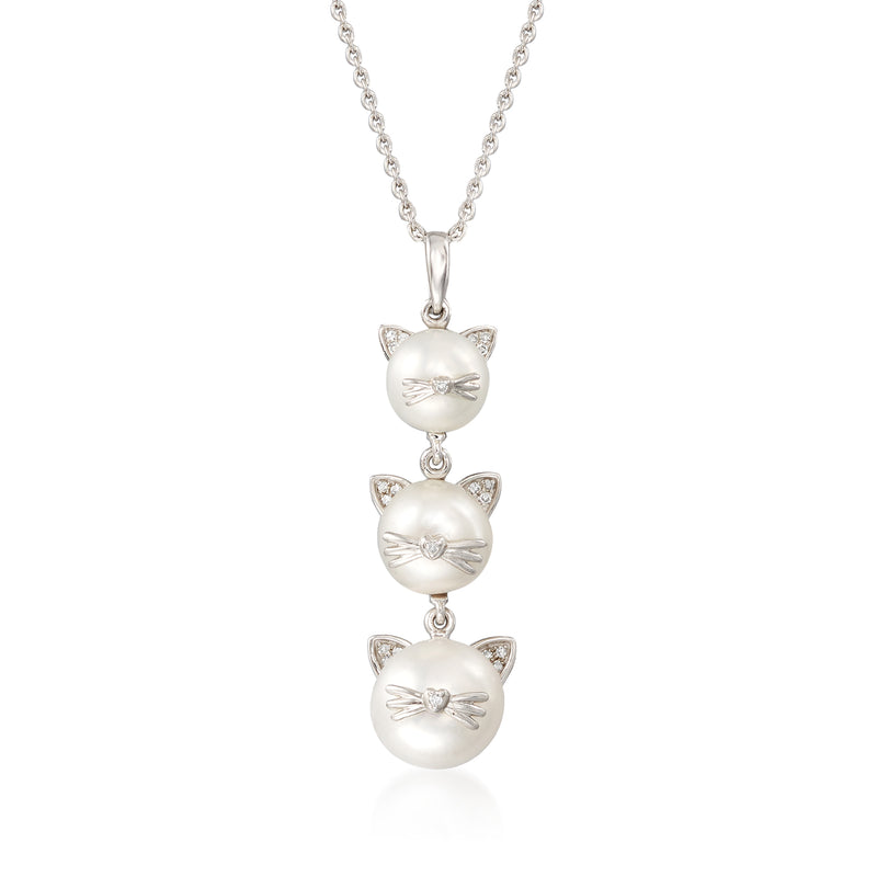Sterling silver cultured pearl cat pendant necklace with three pearl cat charms
