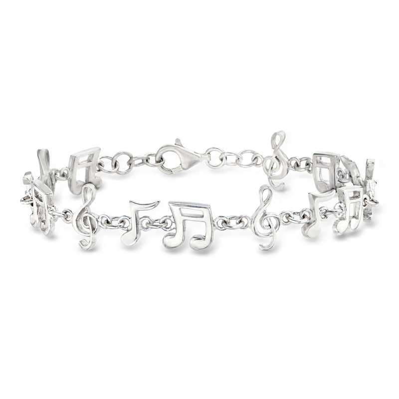 Sterling silver musical note charm bracelet with linked chain and decorative music symbols