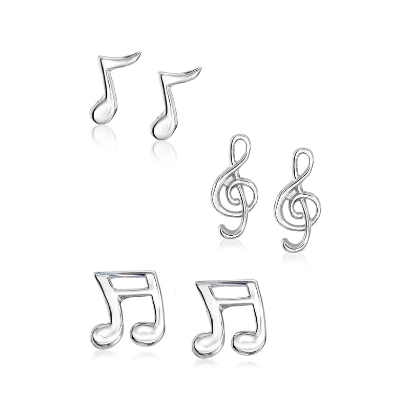 Sterling silver musical note stud earring set, three pairs in treble clef and notes