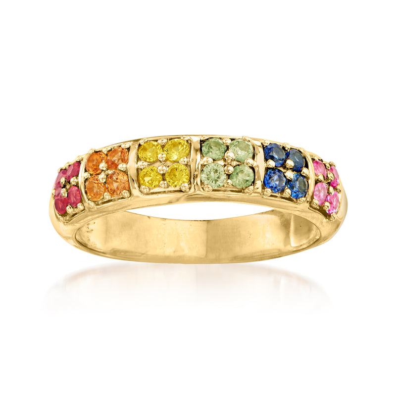 14kt yellow gold sapphire ring with multicolored gemstones: blue, green, orange, pink