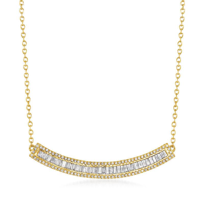 Curved bar diamond necklace in 14kt yellow gold with baguette and round stones