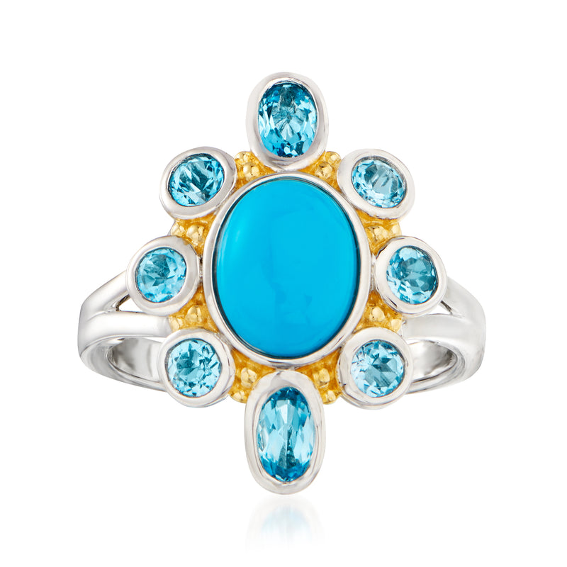Two-tone sterling silver ring with oval turquoise Swiss blue topaz and blue side stones