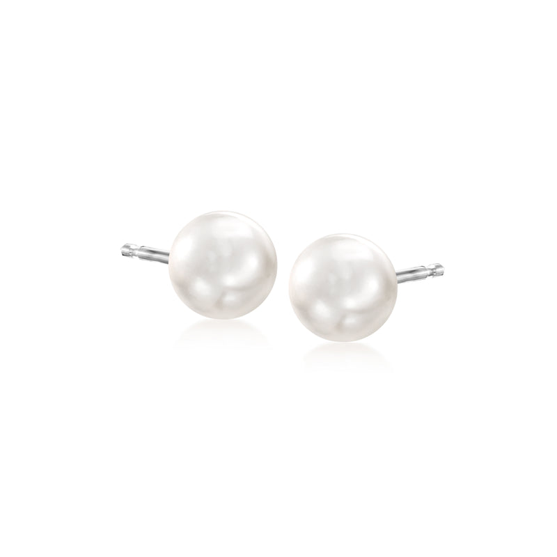 Akoya pearl stud earrings, white pearls on white-gold posts, 6–6.5mm