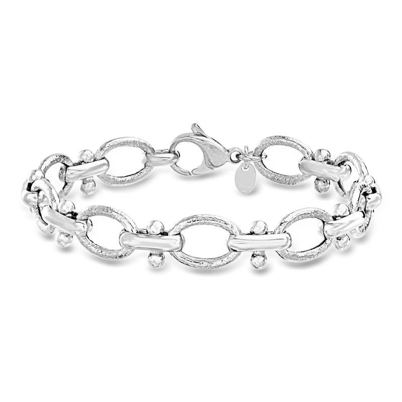 Sterling silver link bracelet with oval and ball details, lobster clasp