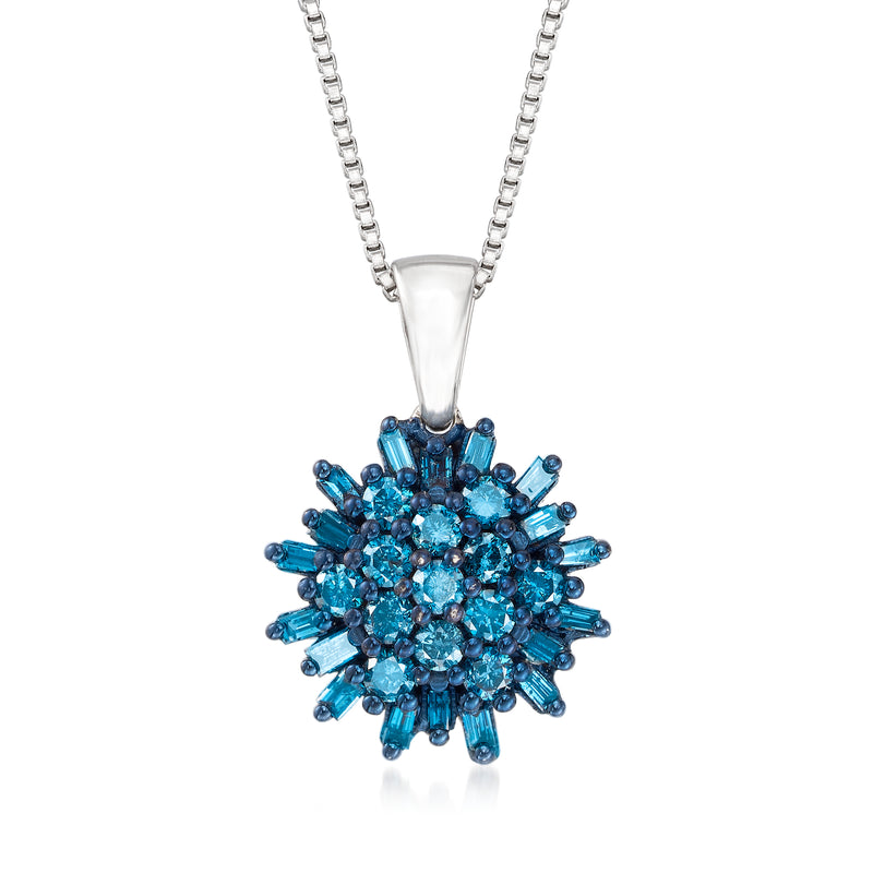 Sterling silver pendant necklace with blue diamond cluster centerpiece