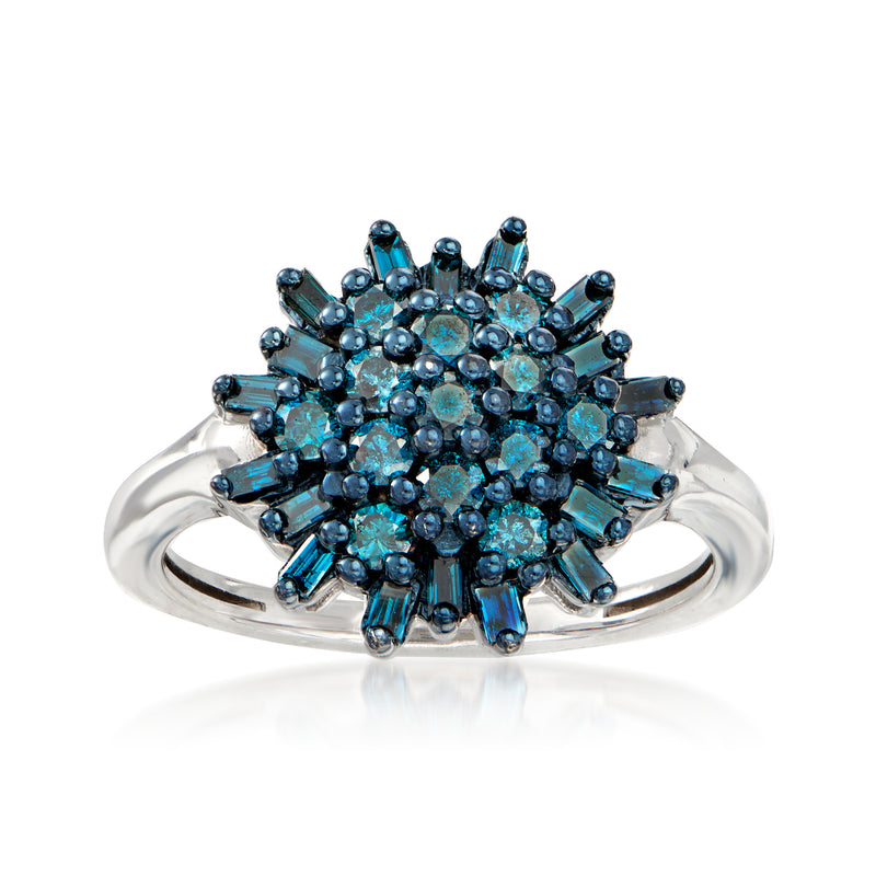 Blue diamond cluster ring in sterling silver with round blue stones and prong setting