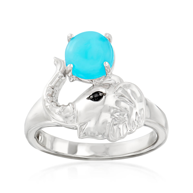 Sterling silver elephant ring with oval turquoise glass stone and raised trunk detail