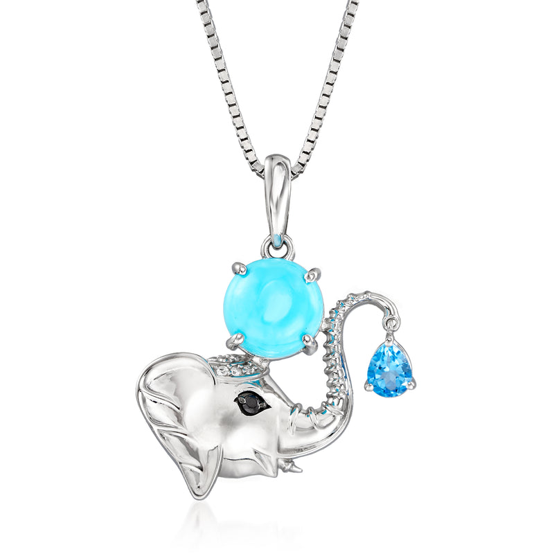 Sterling silver elephant pendant necklace with turquoise oval gemstone and blue teardrop charm