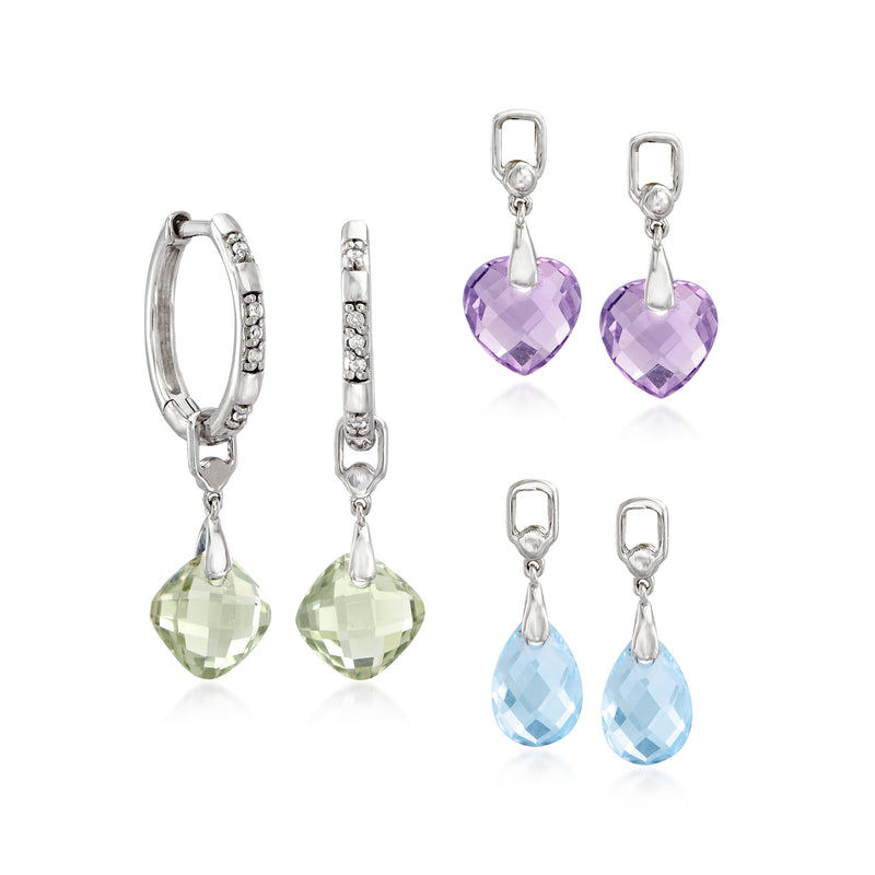 Sterling silver hoop drop earrings with multi-gem heart and teardrop charms