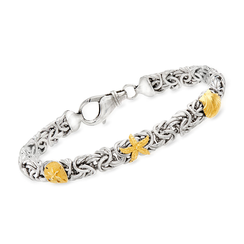 Sterling silver Byzantine sea-life station bracelet with 14kt yellow-gold accents, lobster clasp