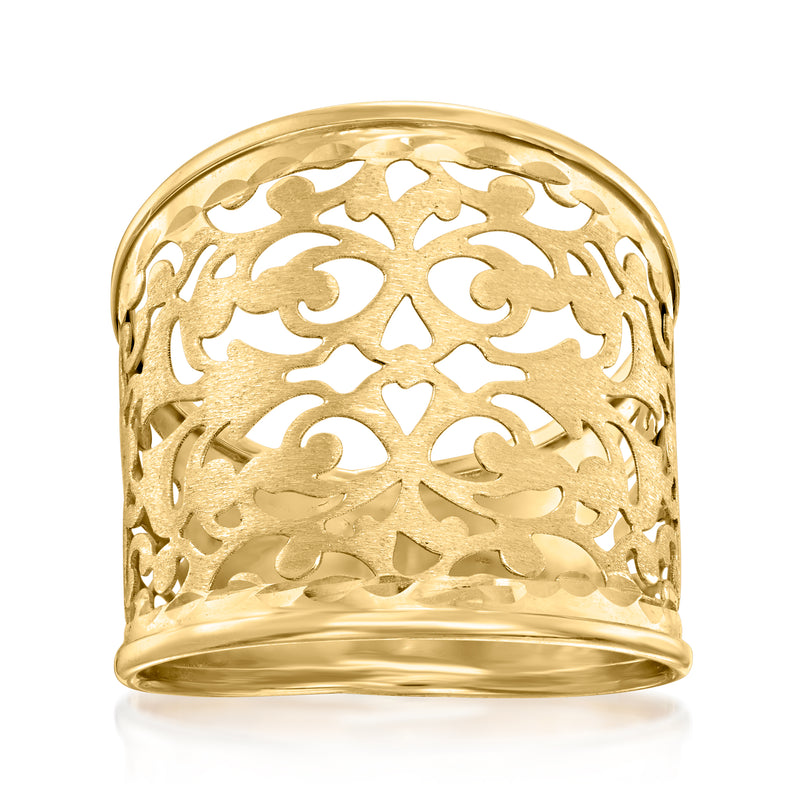 Italian 14kt yellow gold filigree ring with ornate openwork band, domed top