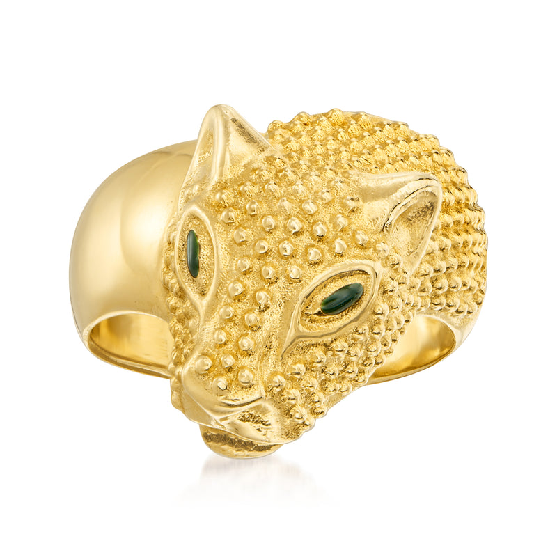18kt gold panther ring with green enamel eyes over sterling