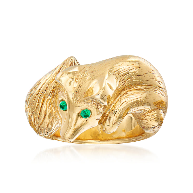 18kt gold over sterling fox ring with green emerald eye accents