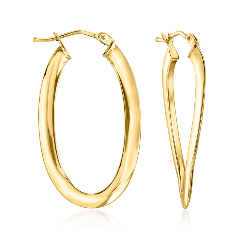 14kt yellow gold curvy oval hoop earrings with hinged clasp, polished finish