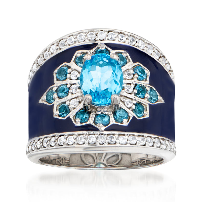 Sterling silver ring with oval blue topaz, teal stones, clear zircon halo, blue enamel
