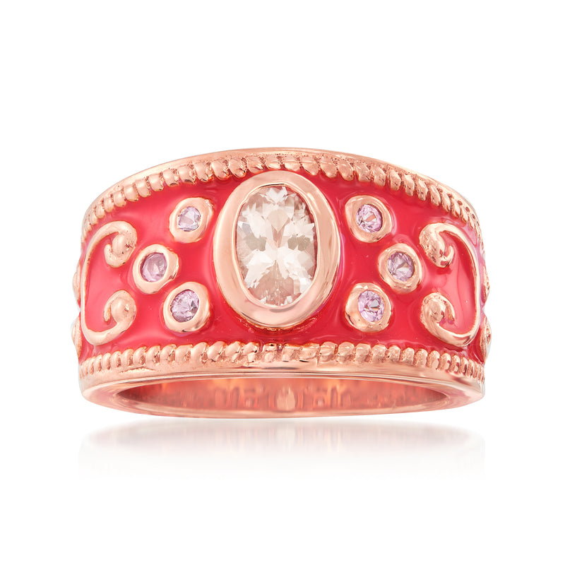 Rose gold-tone ring with pink enamel band, oval center stone and small round accents
