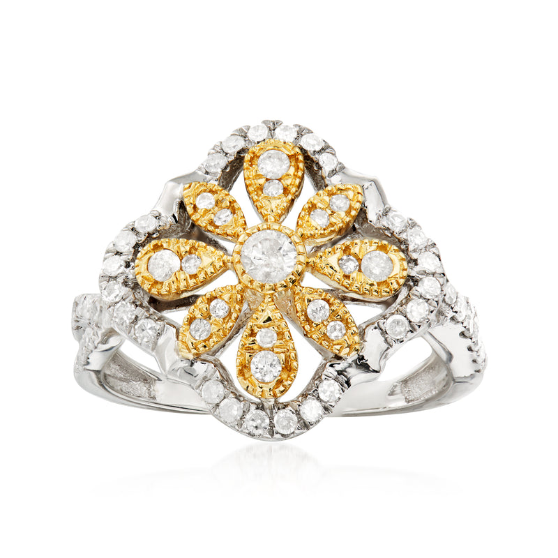 Sterling silver diamond open-space flower ring with yellow gold petal accents