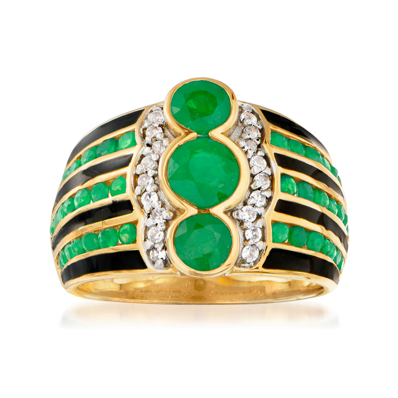 18kt gold over sterling ring with green oval gemstones, white zircon accents, black enamel