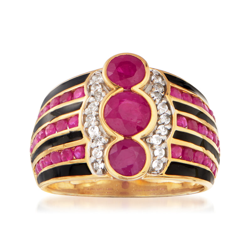 18kt gold ring with ruby-colored stones, white zircons, and black enamel stripes