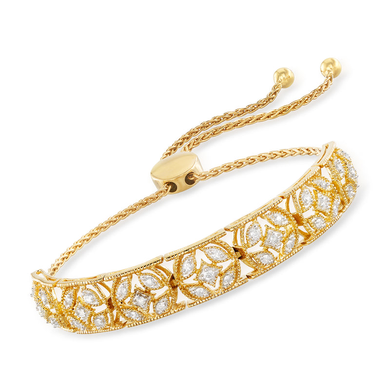 18kt gold over sterling diamond openwork bolo bracelet with round stones and hinged clasp