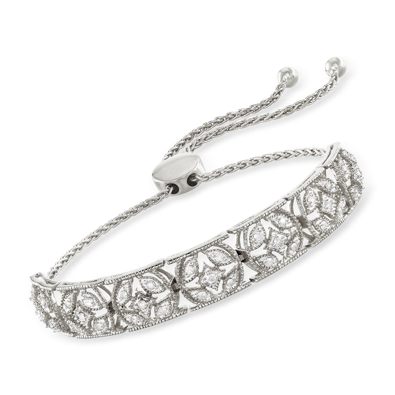 Sterling silver diamond openwork bolo bracelet with engraved links and bezel-set stones