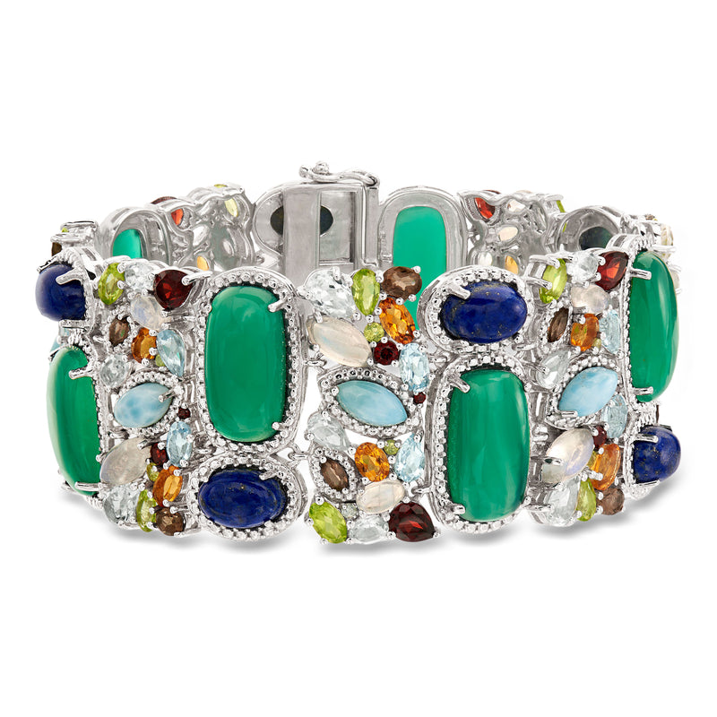 Sterling silver multi-gem bracelet with green, blue, and light-blue oval stones