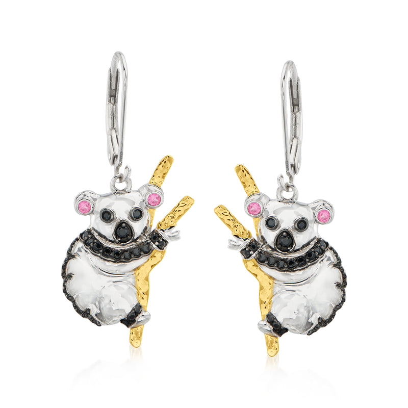 Two-tone sterling silver koala drop earrings with pink gemstone accents, leverback