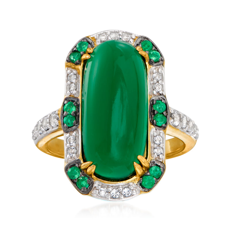 Green oval chalcedony ring with emerald accents and white topaz side stones in gold