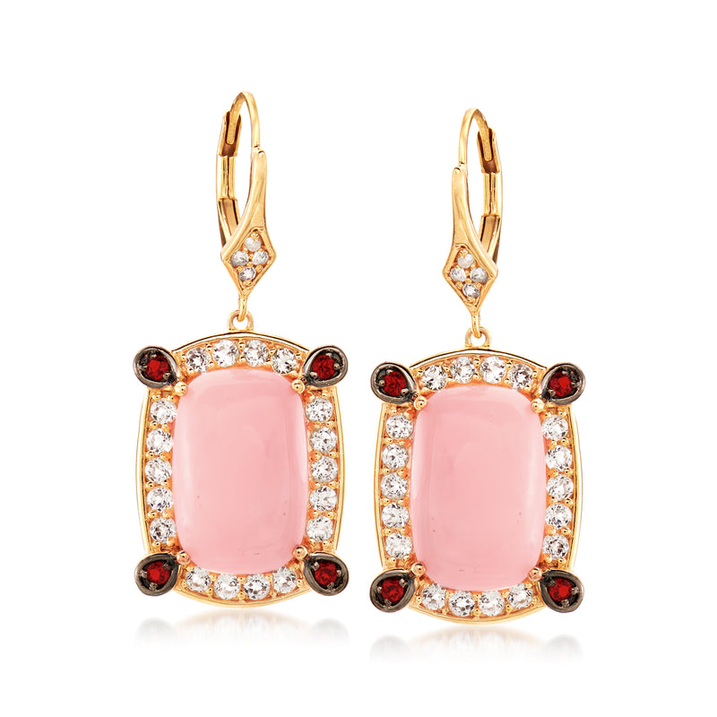 Pink opal drop leverback earrings with rose-pink center, red accents, gold tone