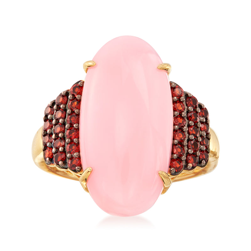 Pink opal and garnet cocktail ring in gold over sterling with oval pink center stone