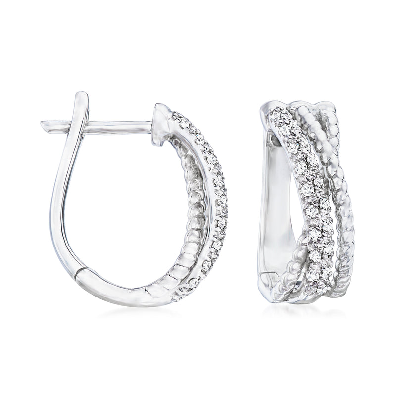 Sterling silver diamond hoop earrings with pave-set front and hinged closure