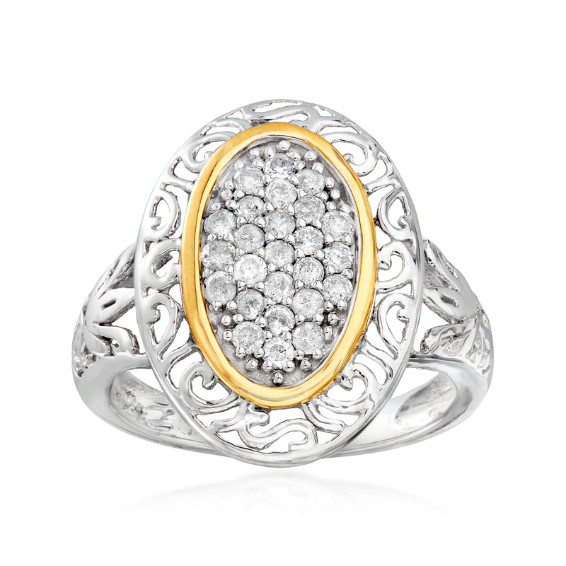 Sterling silver open-space diamond cluster ring with oval diamond halo and yellow gold bezel