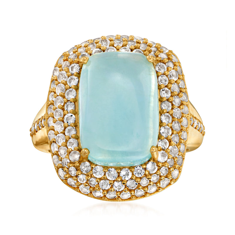 18kt gold over sterling ring with large milky aquamarine center and white topaz halo