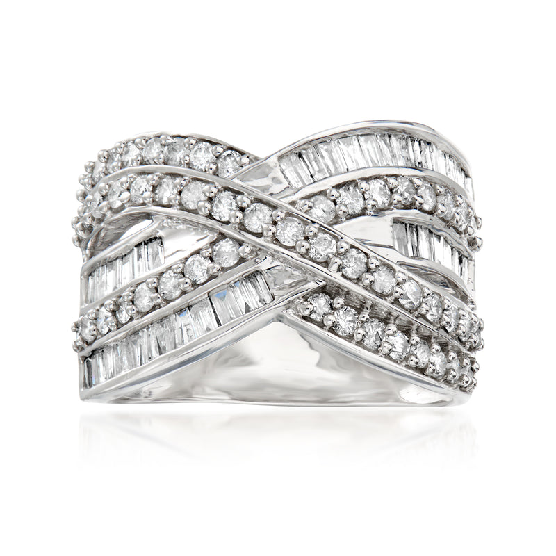 Sterling silver diamond highway ring with crisscross baguette and round stones
