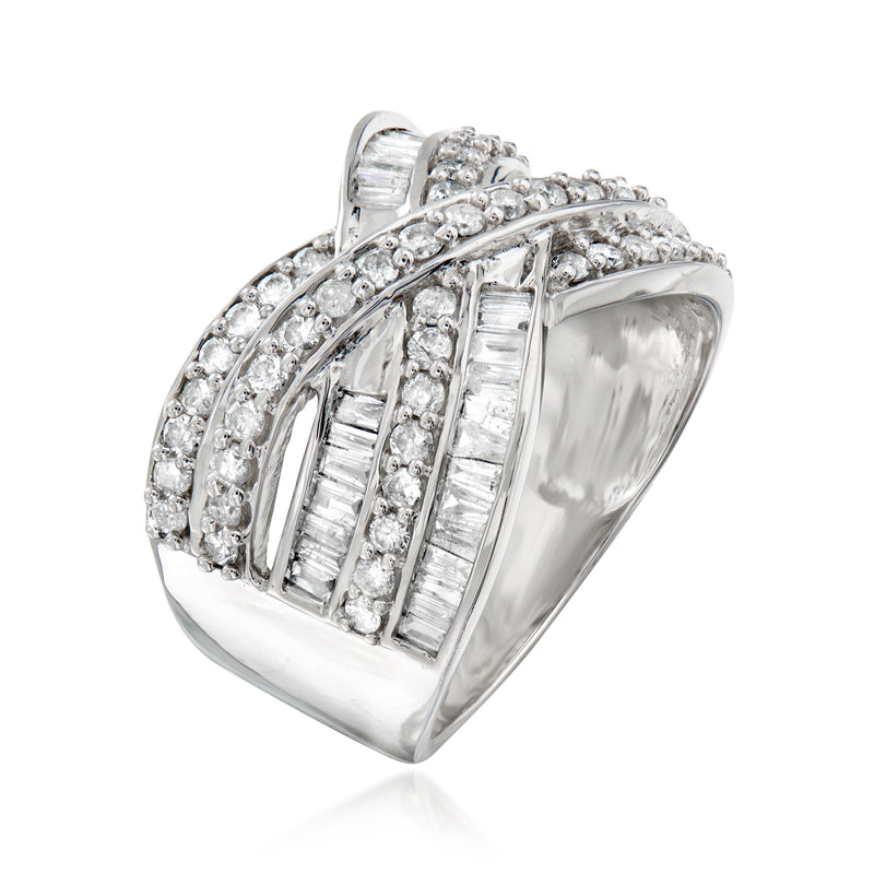 Sterling silver diamond highway ring with baguette and round stones, side view