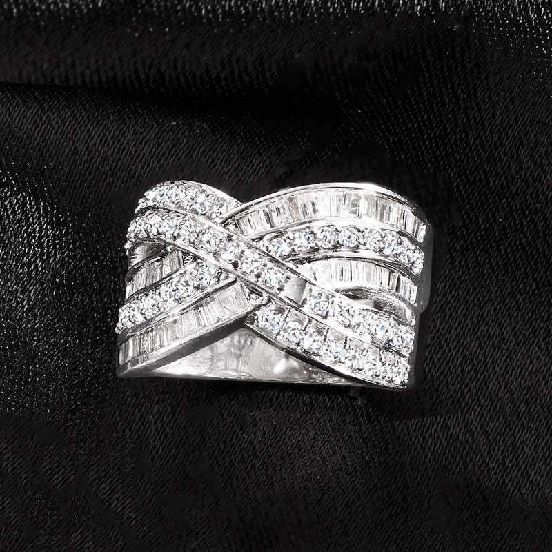 Sterling silver diamond band ring with crisscross baguette and round stone details