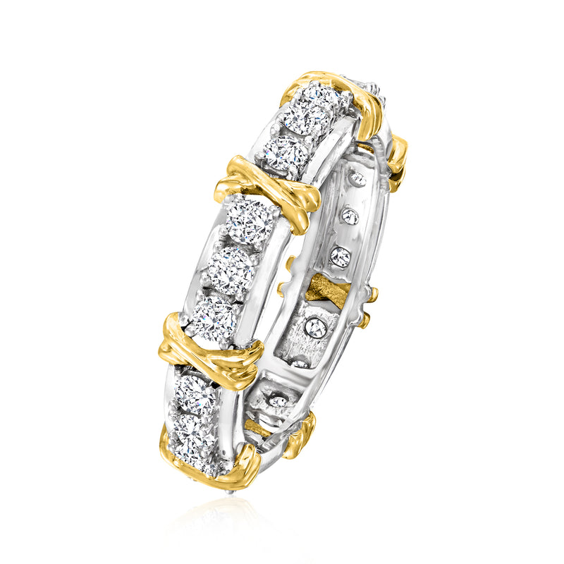 Two-tone 14kt gold diamond eternity band, side view with bezel-set round stones