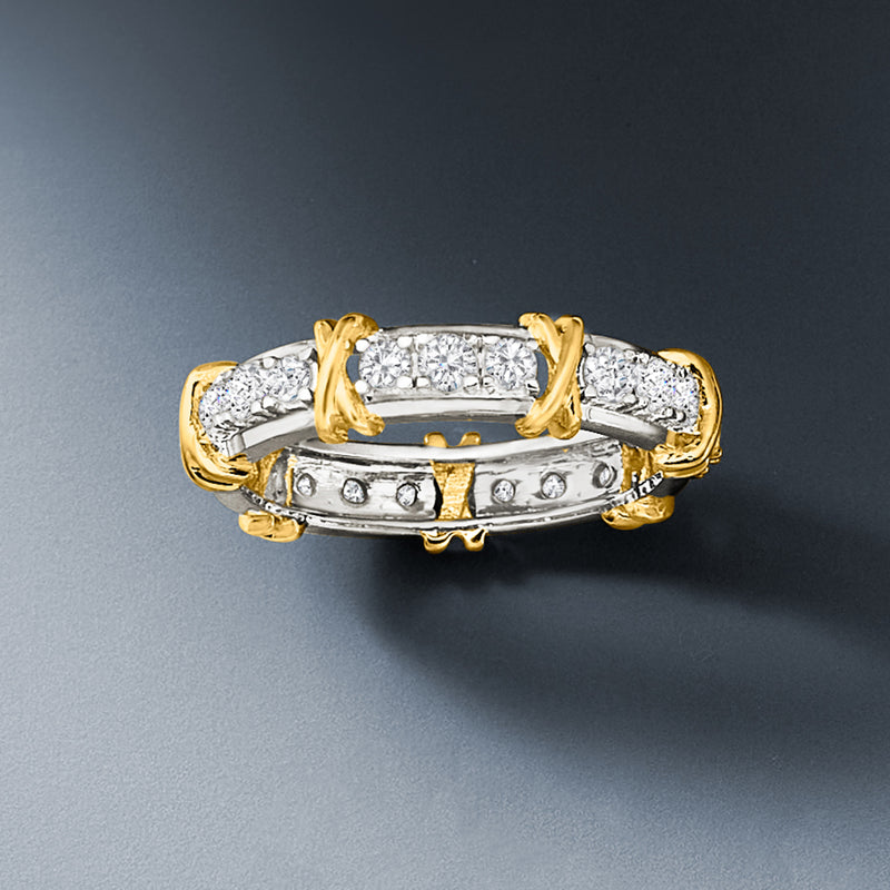 Diamond X station eternity band in two-tone gold