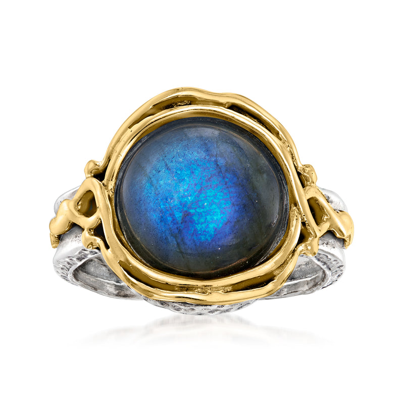 Labradorite ring in sterling silver with bezel-set blue-gray labradorite and gold wrap mount