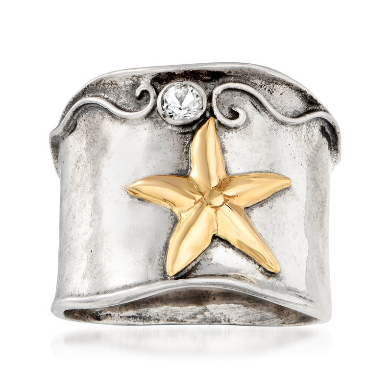 Sterling silver starfish ring with yellow gold star, clear topaz center stone