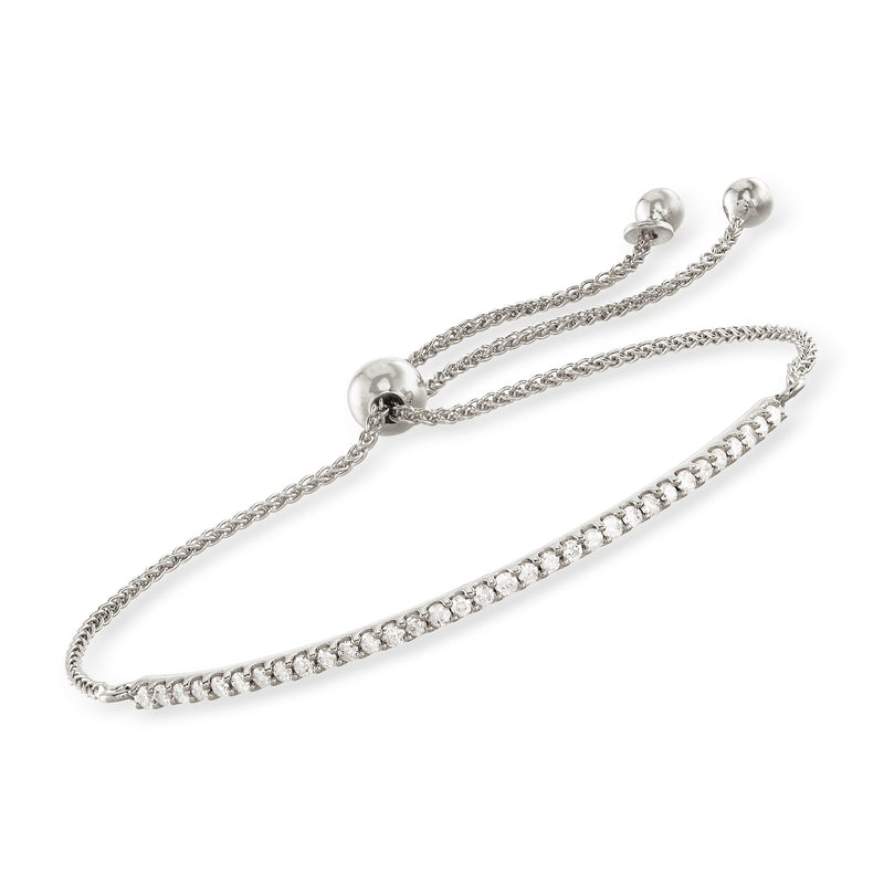 Sterling silver curved bar diamond bolo bracelet with adjustable chain
