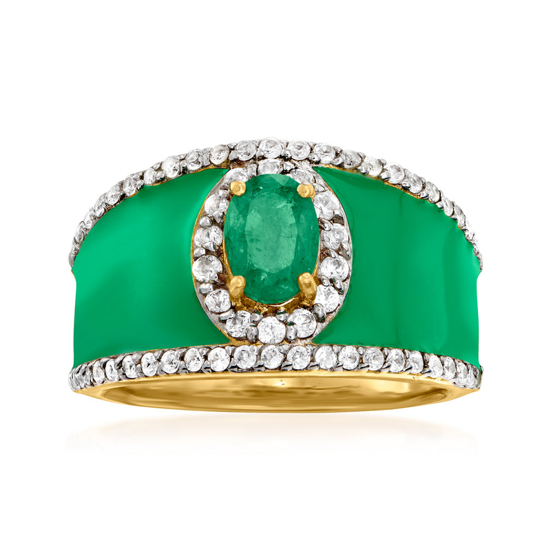 Green enamel zircon ring with oval green center and round white stones, gold-tone band