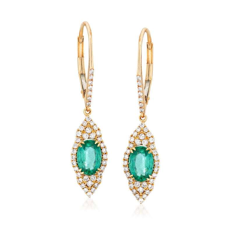 14kt yellow gold drop earrings with green emerald-style oval and diamond halo, leverback