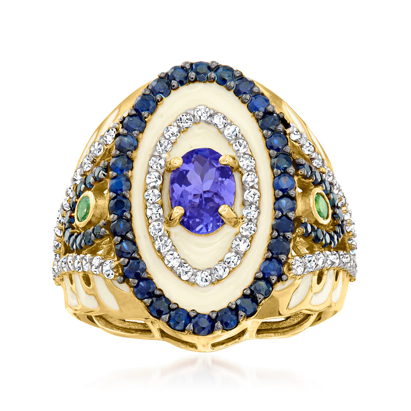 Gold oval gemstone ring with cream enamel, blue stones, purple center, diamond accents, green details