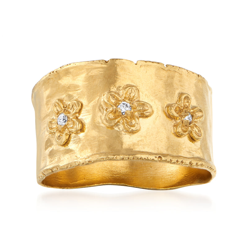 18kt gold flower ring with three blossoms and diamond accents on wide band