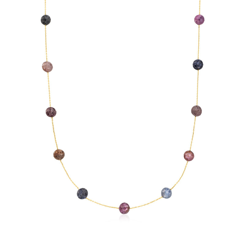14kt yellow gold bead station necklace with round multicolored sapphire beads