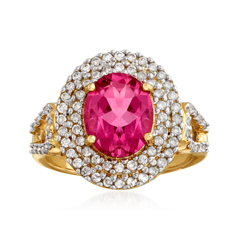 14k yellow gold ring with oval pink gemstone and diamond halo, round diamonds