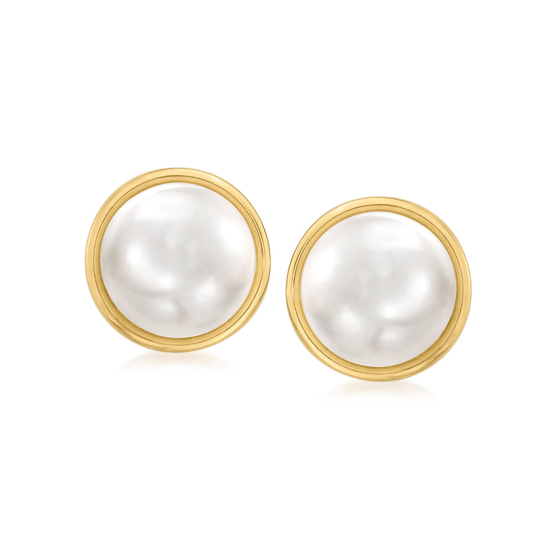 14kt yellow gold pearl stud earrings with round 11.5–12mm cultured pearls