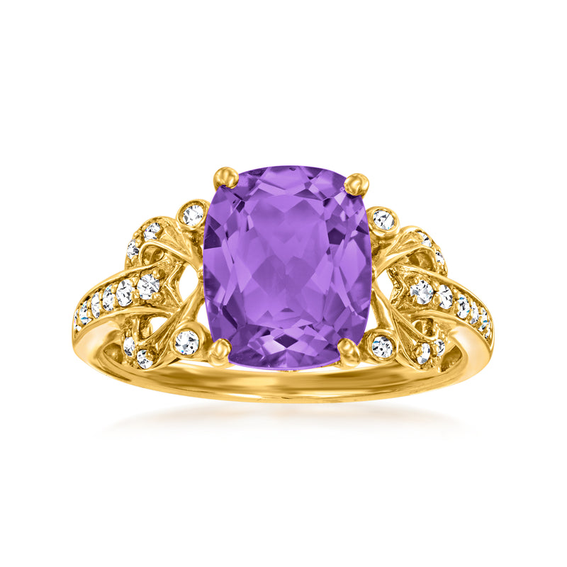 14kt yellow gold ring with oval amethyst center and round diamond accents