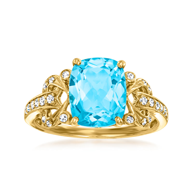 14kt yellow gold ring with oval Swiss blue topaz and small diamond accents